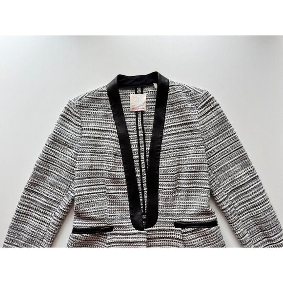REBECCA TAYLOR Grey Striped Cotton Tweed Leather Trim Peplum Blazer, Size 6 - Picture 7 of 16